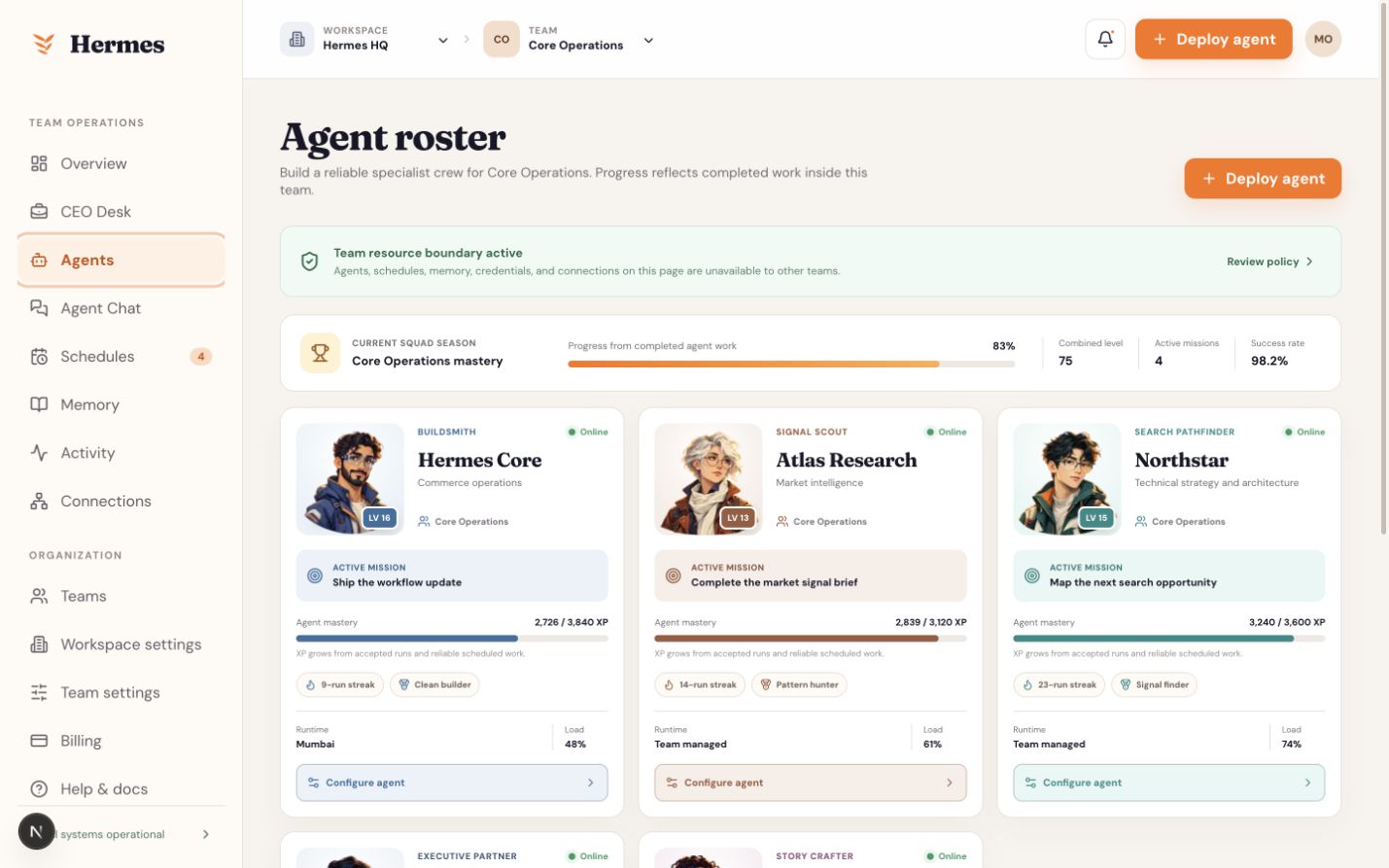 Hermes Agent roster showing active specialists, missions, progress, runtime location, and workload